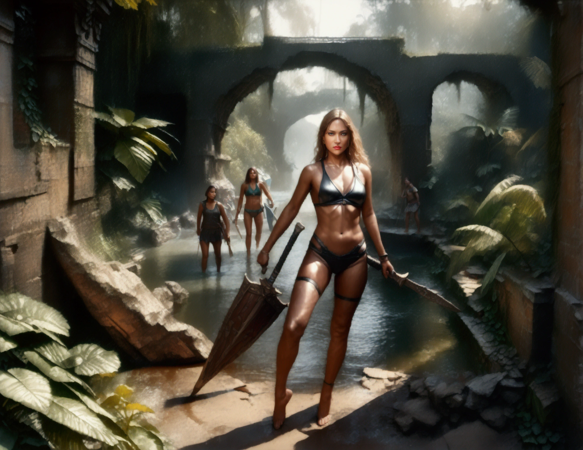 A group of tan skinned, blonde haired, blue eyed Amazon women with athletic, golden ratio figures, hunting a dinosaur in a jungle ruins, wielding spears, swords, and shields, wearing warrior bikinis, (best quality,4k,8k,highres,masterpiece:1.2),ultra-detailed,(realistic,photorealistic,photo-realistic:1.37),highly detailed, dynamic action scene, dramatic lighting, vibrant colors, epic fantasy, cinematic composition