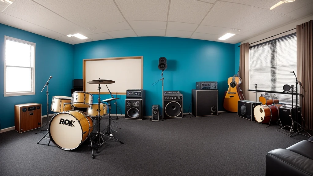 Studio interior for rock band rehearsal. Spacious room with acoustic treatment of walls and ceiling. Posters of famous rock bands and soundproofing panels hang on the walls.. There is a drum kit in the center of the room, guitar and bass amplifiers are located around it. Several electric guitars stand on stands. There are microphones on stands for vocals and backing vocals. There are keyboards in the corner of the room. Carpeted floors to improve acoustics. The mood of the studio is energetic and creative. The lighting is soft, warm, creating a cosy atmosphere. There are notepads on the table in the corner, pens and laptop