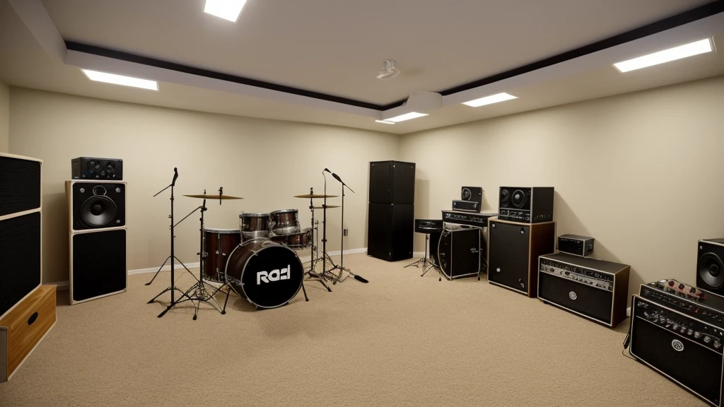 Studio interior for rock band rehearsal. Spacious room with acoustic treatment of walls and ceiling. Posters of famous rock bands and soundproofing panels hang on the walls.. There is a drum kit in the center of the room, guitar and bass amplifiers are located around it. Several electric guitars stand on stands. There are microphones on stands for vocals and backing vocals. There are keyboards in the corner of the room. Carpeted floors to improve acoustics. The mood of the studio is energetic and creative. The lighting is soft, warm, creating a cosy atmosphere. There are notepads on the table in the corner, pens and laptop