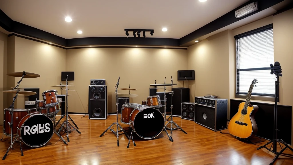 Studio interior for rock band rehearsal. Spacious room with acoustic treatment of walls and ceiling. Posters of famous rock bands and soundproofing panels hang on the walls.. There is a drum kit in the center of the room, guitar and bass amplifiers are located around it. Several electric guitars stand on stands. There are microphones on stands for vocals and backing vocals. There are keyboards in the corner of the room. Carpeted floors to improve acoustics. The mood of the studio is energetic and creative. The lighting is soft, warm, creating a cosy atmosphere. There are notepads on the table in the corner, pens and laptop