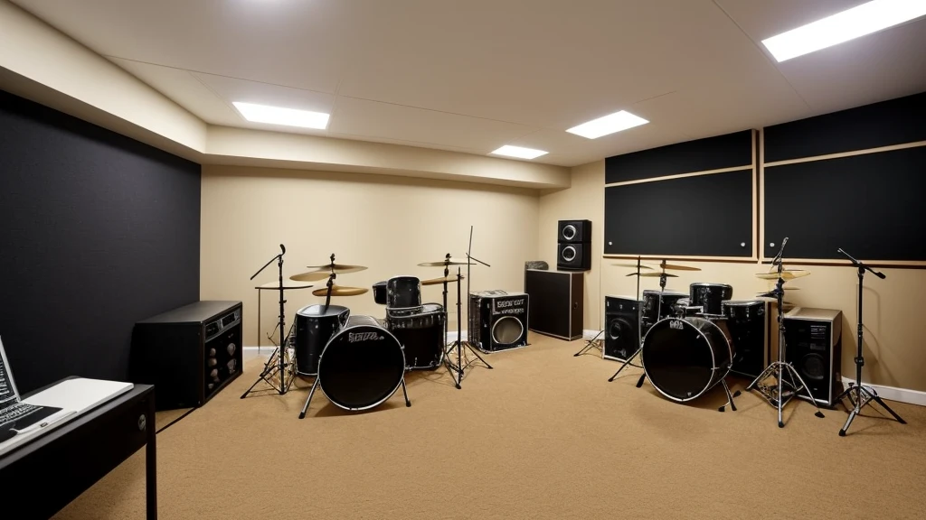 Studio interior for rock band rehearsal. Spacious room with acoustic treatment of walls and ceiling. Posters of famous rock bands and soundproofing panels hang on the walls.. There is a drum kit in the center of the room, guitar and bass amplifiers are located around it. Several electric guitars stand on stands. There are microphones on stands for vocals and backing vocals. There are keyboards in the corner of the room. Carpeted floors to improve acoustics. The mood of the studio is energetic and creative. The lighting is soft, warm, creating a cosy atmosphere. There are notepads on the table in the corner, pens and laptop