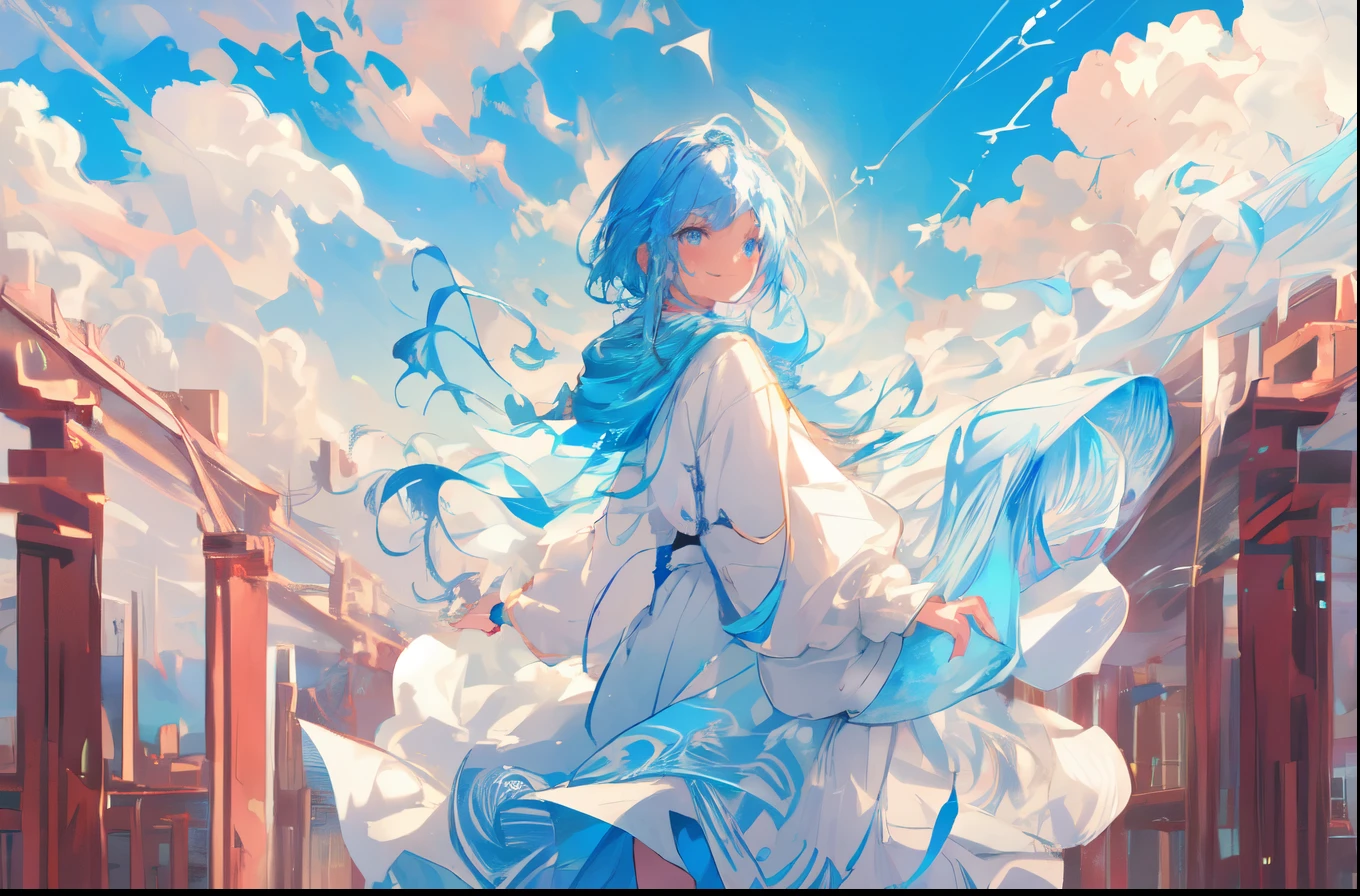 Solitary, 1boy, boy，boy，masterpiece, best quality, Extremely detailed, light, Intricate details, high resolution, Official Art, Delicate and beautiful face and eyes, high resolution插图, 8K, Dark, intense shadows, Overexposure,((space)), universe, Light blue hair, Gradient hair, White Dress, , Long Teng Flowing Sweatshirt Long Sleeves, Detailed clouds, Gradient sky, Light blue eyes, Blue sky,  Smile,  Upper Body