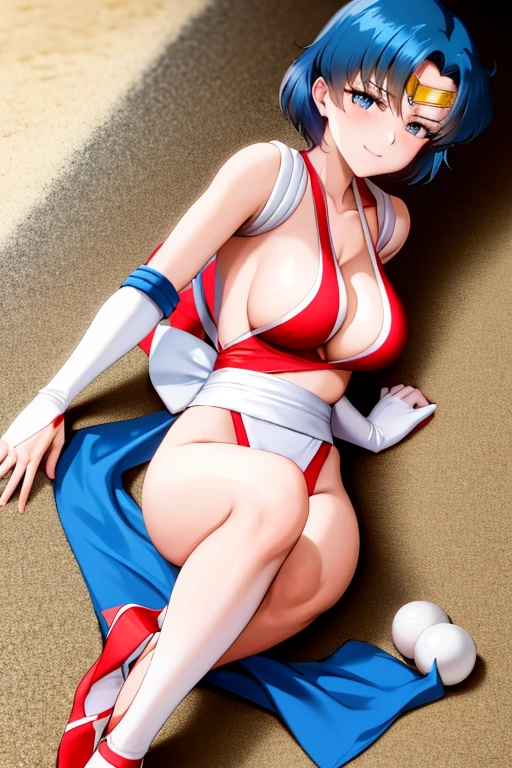 masterpiece, best quality, beautiful art, high resolution, well formed hands, body and fingers, 1 woman, solo, Sailor Moon, elbow gloves, sailor collar, sailor senshi uniform, blue makeup ,adult, grown up, cosplaying as Mai Shiranui , mai_shiranui_cosplay, adult, large and round breasted, cleavage, full body , hair ribbon, gorgeous legs and, thighs, sexy Japanese clothes, hair ornament , sexy legs , hips and thighs,ryona,in peril, she is defeated, knocked out, passed out, closed eyes, exhausted, unconscious, laying down on the sand, extended exposed body, full body on the sand, breathing heavily, sexy smirk on her face, bouncing breasts, sexy defeated pose, defeat and KO scene, fallen beauty, martial arts tournament with beach environment