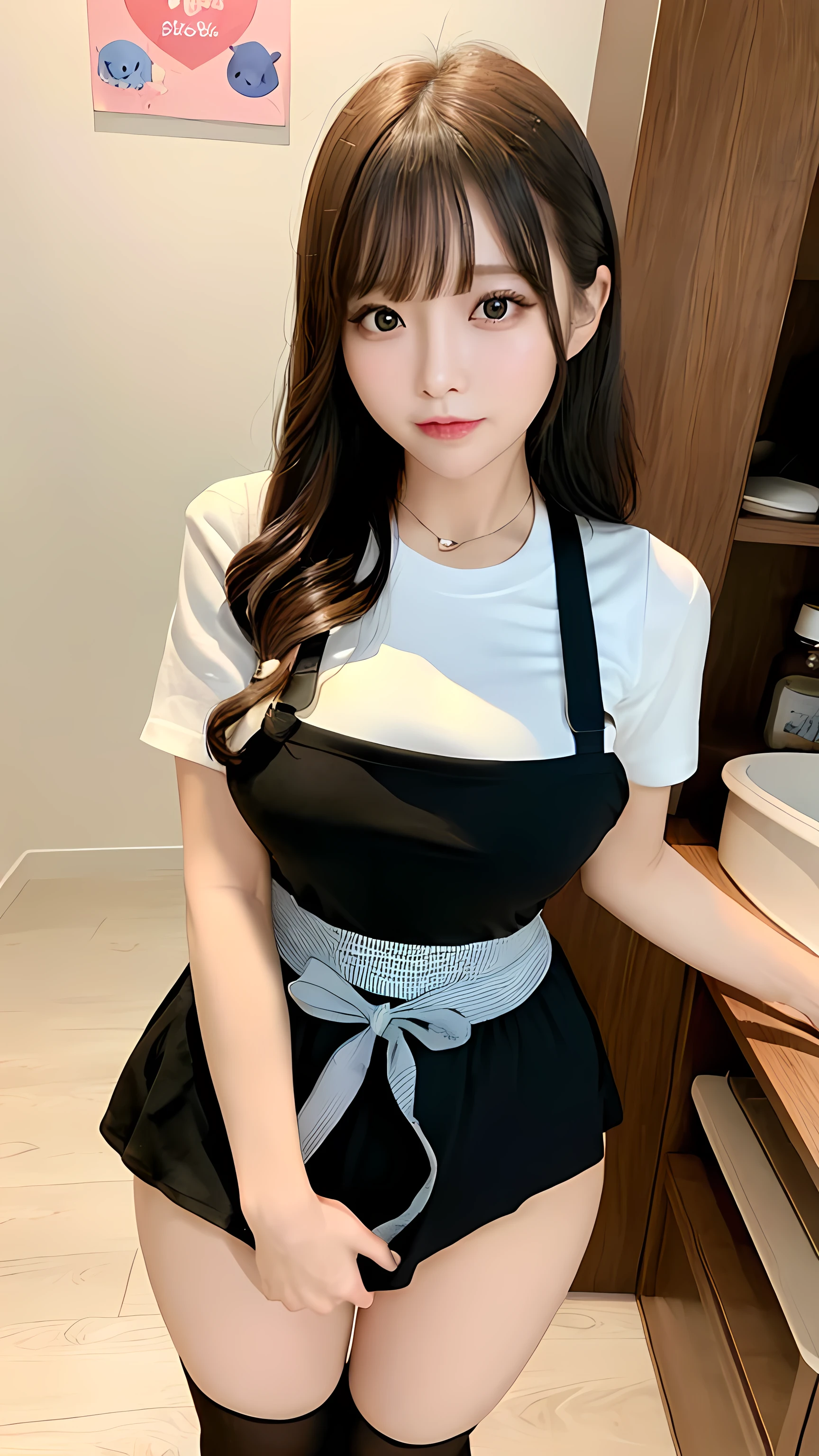 top-quality、8K、profetional lighting、Shiny skin、large boob、Large breasts,Underbust、a small face、Big eyes、big butts、(huge firm chest) ,(Narrow waist,toned thighs),  (Beautiful eyes,Beautiful hair)、Nursery teacher、preschool teacher、Cute apron、heart shaped name tag、baby bottle in hand