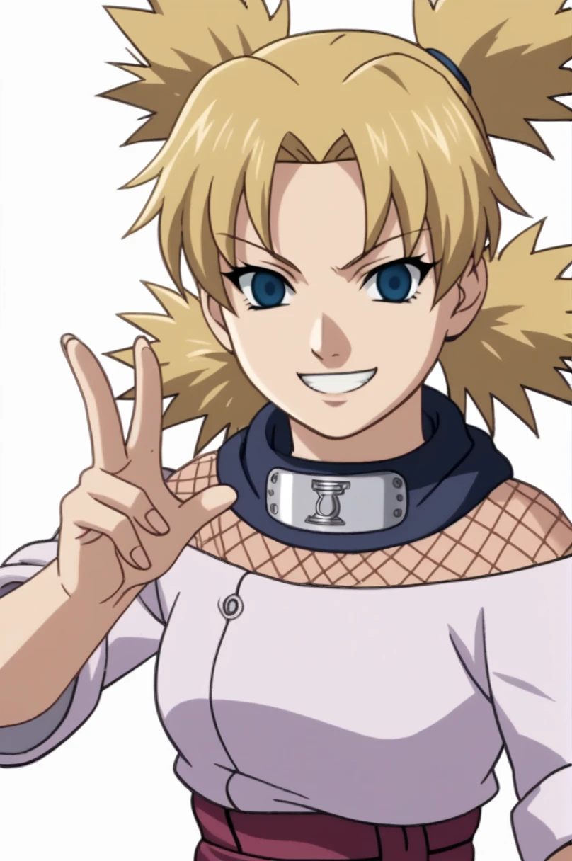 score_9, score_8_up, score_7_up, score_6_up, score_5_up, score_4_up, BREAK, source_anime, ytemari, 1girl, blonde hair, quad tails, blue eyes, fishnets, purple garment, sash, smile, upper body, looking at viewer, solo, simple background, white background, anime screencap, anime coloring,  extreme evil facial expression, wicked facial expression, , one hand with two fingers extremely close together, two fingers nearly pinching together, giggling, evil facial expression