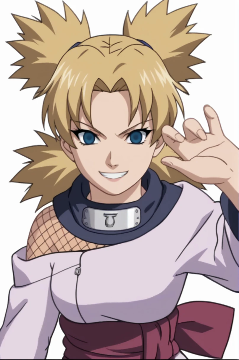 score_9, score_8_up, score_7_up, score_6_up, score_5_up, score_4_up, BREAK, source_anime, ytemari, 1girl, blonde hair, quad tails, blue eyes, fishnets, purple garment, sash, smile, upper body, looking at viewer, solo, simple background, white background, anime screencap, anime coloring,  extreme evil facial expression, wicked facial expression, , one hand with two fingers extremely close together, two fingers nearly pinching together, giggling, evil facial expression