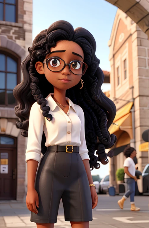 Dark skin wearing glasses, in a skirt with curly hair 