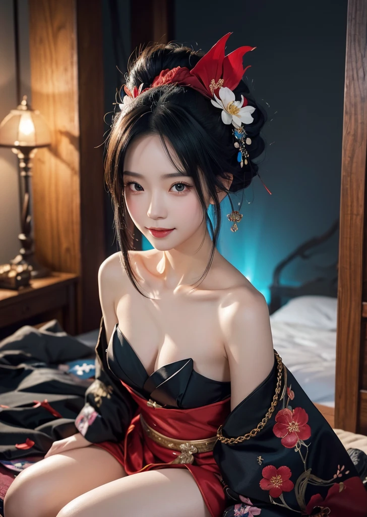 Diffuse lighting、 Highest quality, High resolution, unity 8k wallpaper、Supersaturation, Colorful, 8k解像度, 1 female、Japanese、23 years old、Close-up portrait、Red silk underwear,smile、Mature、Adult women、whole body、midnight、Sitting on a bed covered with flower petals、Sitting on the floor、Fantasy、mysterious、Woman with a Fan, onmyoji, onmyoji detailed art, onmyoji portrait, 4K, 8k, Vibrant, Splash Art , Onmyoji、Spirit medium、