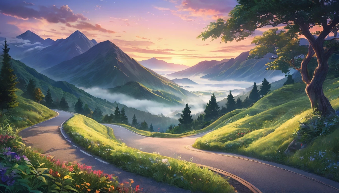 masterpiece, intricate details, ultra-detailed, 8k, photorealistic, detailed landscape, beautiful summer mountain road, before dawn, anime art, vibrant colors, dramatic lighting, atmospheric, serene, tranquil, lush foliage, winding path, mist, warm sunlight, peaceful, idyllic, harmonious