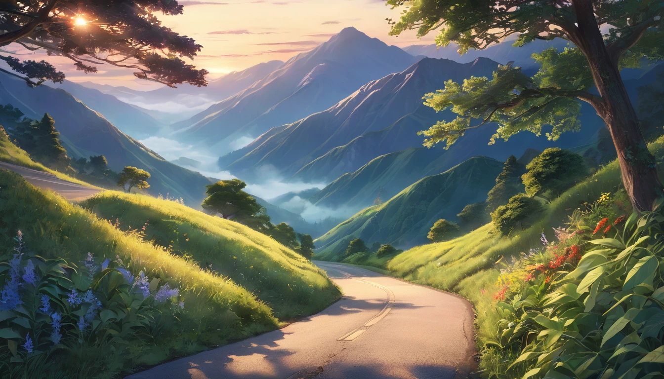 masterpiece, intricate details, ultra-detailed, 8k, photorealistic, detailed landscape, beautiful summer mountain road, before dawn, anime art, vibrant colors, dramatic lighting, atmospheric, serene, tranquil, lush foliage, winding path, mist, warm sunlight, peaceful, idyllic, harmonious