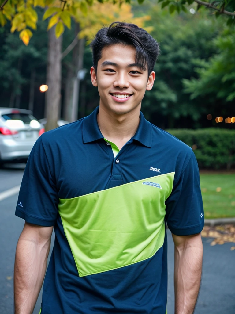 (best quality, 4K, 8k, high resolution, Masterpiece: 1.2), Special details, (realistically, As realistic as a photo, photo realistic: 1.37), Edge lighting, Extra detailed coloring, sharp focus, Physical rendering ,Extremely detailed description,professional,Bokeh,Portrait,look at the viewer, Young Asian man, 20 years old ,(Wear a navy polo shirt.), smile ,Wide yard