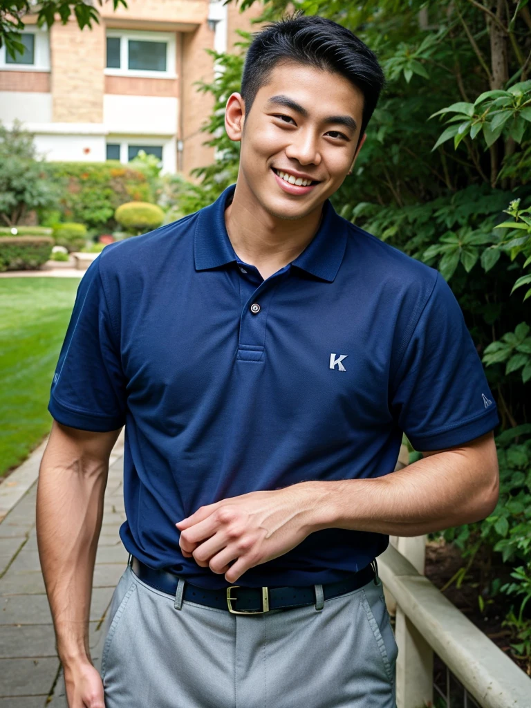 (best quality, 4K, 8k, high resolution, Masterpiece: 1.2), Special details, (realistically, As realistic as a photo, photo realistic: 1.37), Edge lighting, Extra detailed coloring, sharp focus, Physical rendering ,Extremely detailed description,professional,Bokeh,Portrait,look at the viewer, Young Asian man, 20 years old ,(Wear a navy polo shirt.), smile ,Wide yard