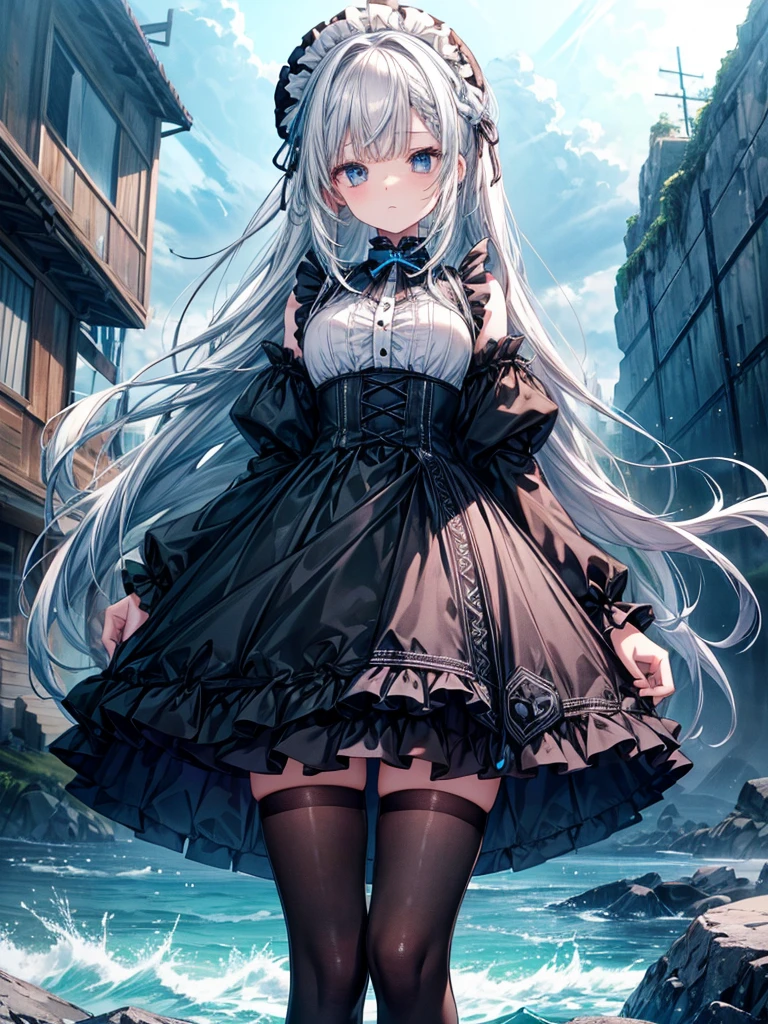 (kawai Quality figure),(((Top quality))),she has short white braided hair and sky blue eyes,her outfit is monochrome,(Her outfit closely resembles a goth lolita aesthetic black), (a grey skirt with ruffled fabric underneath and a lace draping over it),(wears black tights), (She is considered to be very beautiful), ((spirit of the coming land)), ((beautiful storm)) ,run under blue sky with sea, strom spring, great attention