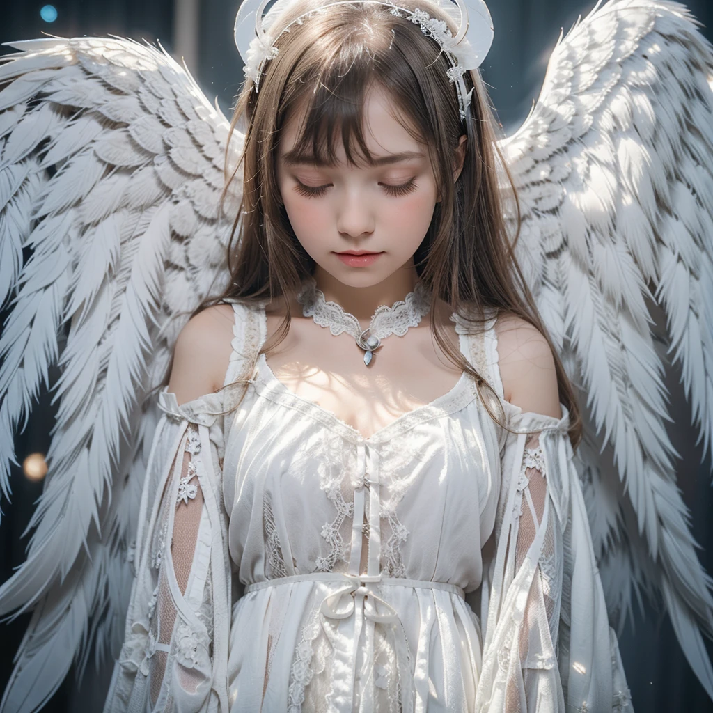 1 girl, angel girl, white long lace dress, wings covering eyes, wings on the eyes, wings on the head, wings on the back, seraphim, halo, white eyes, closed eyes, white long hair, pale skin,