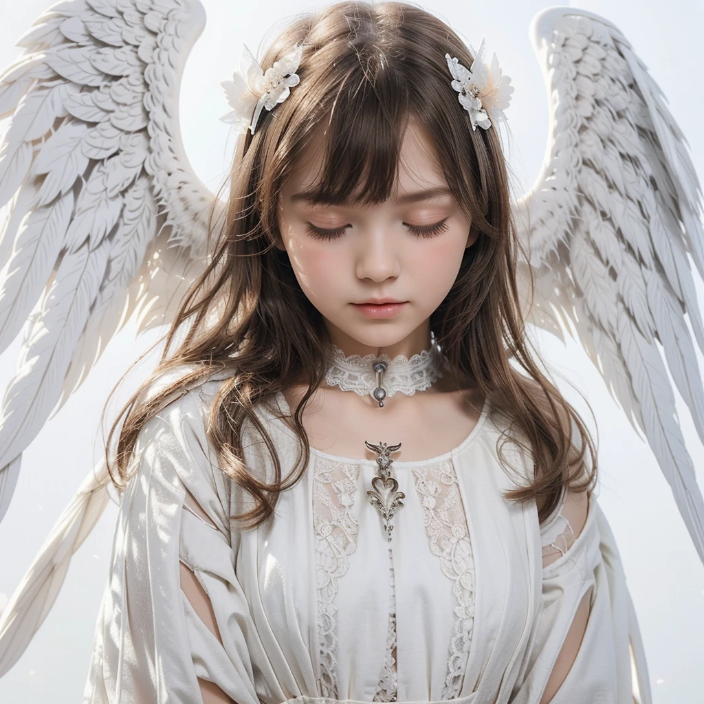 1 girl, angel girl, white long lace dress, wings covering eyes, wings on the eyes, wings on the head, wings on the back, seraphim, halo, white eyes, closed eyes, white long hair, pale skin,