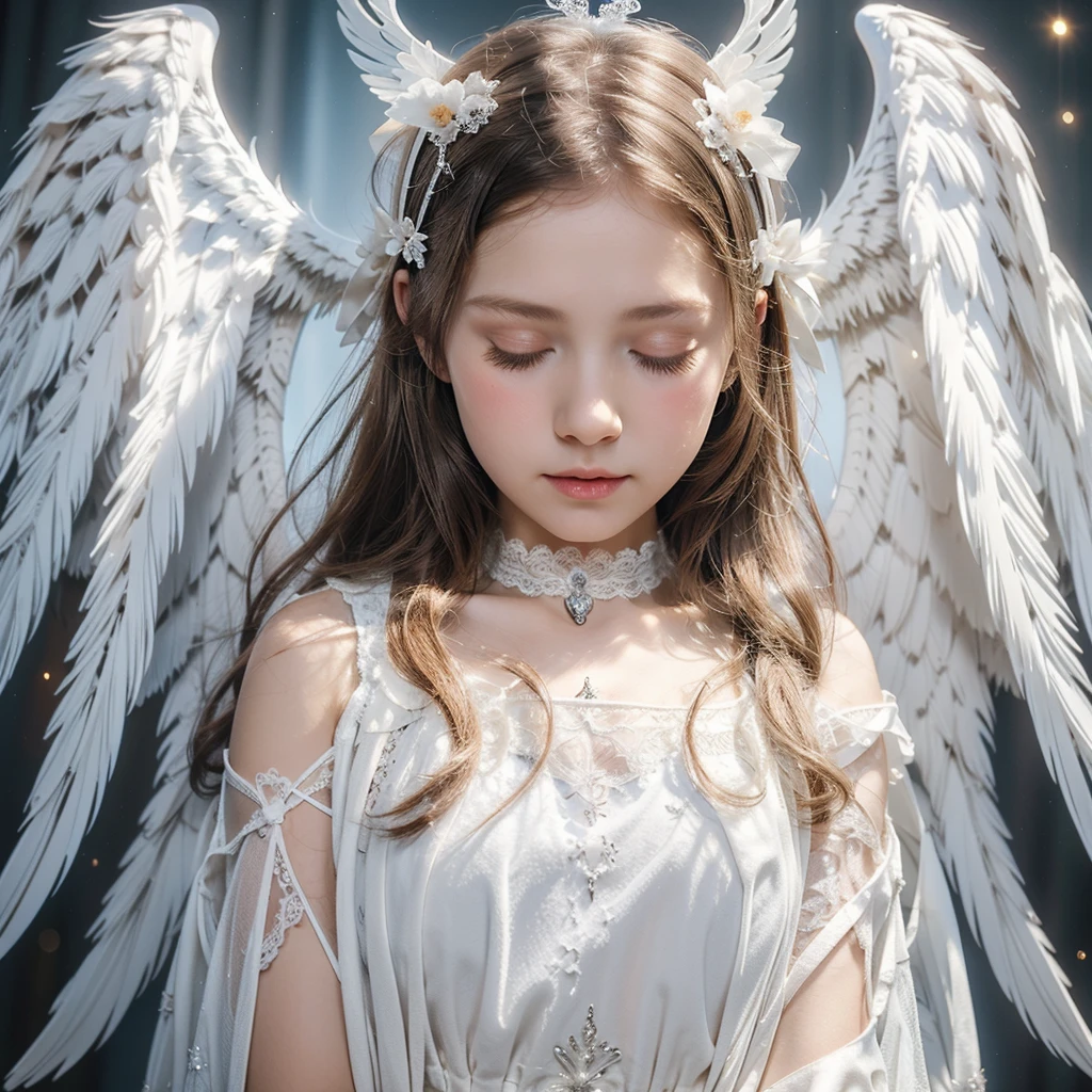 1 girl, angel girl, white long lace dress, wings covering eyes, wings on the eyes, wings on the head, wings on the back, seraphim, halo, white eyes, closed eyes, white long hair, pale skin,