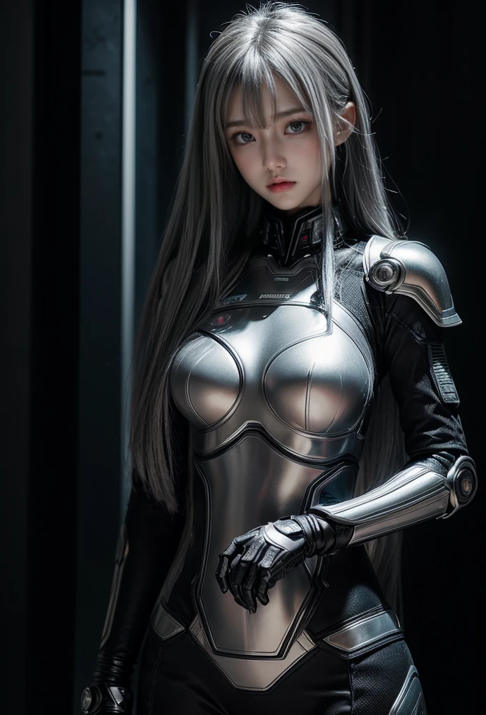 cyber angel,machine wing,{{Sci-Fi Armor}},cyber suit,cyberpunk,science fiction,cyber battle armor,Battledress,Military Uniforms,pants,black military uniform,whole body,Height: 168cm,almond shape eyes,{{{{{silver eyes}}}}},{{{{{dull bangs}}}}},(slanted eyes},{{whole body},{{{1 girl}}}, long hair, straight hair,{{{{silver hair}}}},{{{tsurime}}},30 years old,{Medium chest},{{bush}},silver eyes,{{{masterpiece}}}, {{{highest quality}}}, {{Super detailed}}, {shape}, {{very delicate and beautiful}},very detailed,detailed perfect,detailed hyper,Abundant thighs,big ass,black clothes