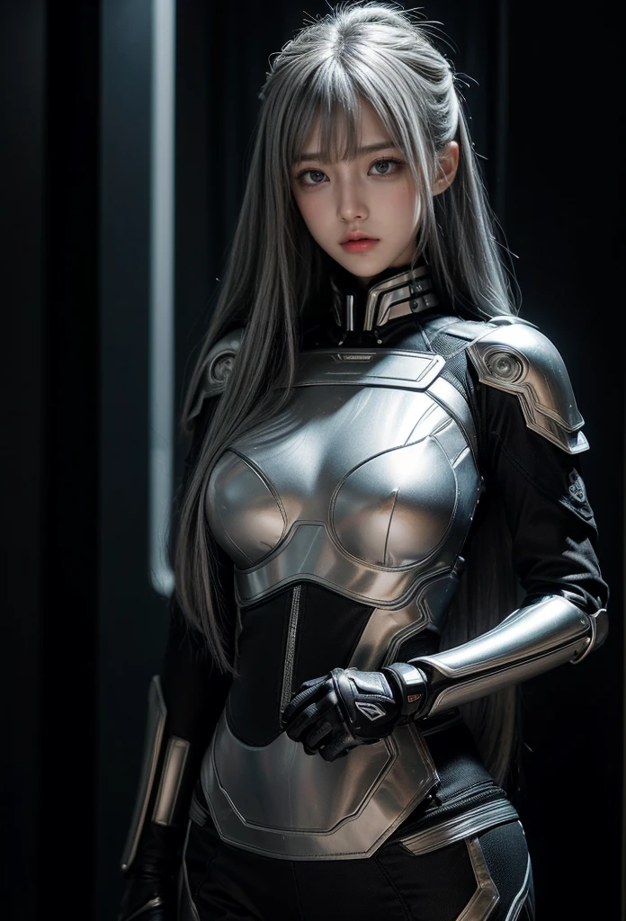 cyber angel,machine wing,{{Sci-Fi Armor}},cyber suit,cyberpunk,science fiction,cyber battle armor,Battledress,Military Uniforms,pants,black military uniform,whole body,Height: 168cm,almond shape eyes,{{{{{silver eyes}}}}},{{{{{dull bangs}}}}},(slanted eyes},{{whole body},{{{1 girl}}}, long hair, straight hair,{{{{silver hair}}}},{{{tsurime}}},30 years old,{Medium chest},{{bush}},silver eyes,{{{masterpiece}}}, {{{highest quality}}}, {{Super detailed}}, {shape}, {{very delicate and beautiful}},very detailed,detailed perfect,detailed hyper,Abundant thighs,big ass,black clothes