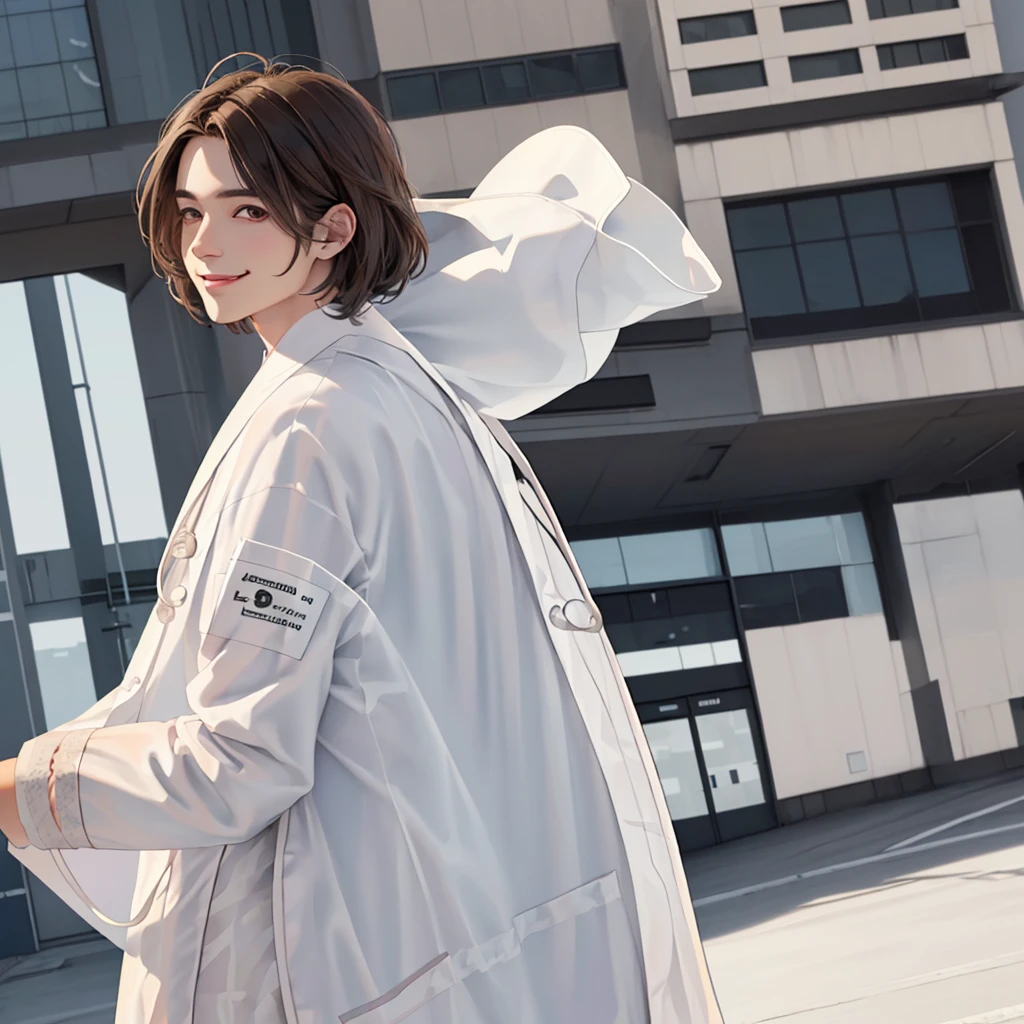 Doctor, 1 man, solo, sitting (Looking at the audience), (white lab coat:1.8), ,Stylish clothes who is an adult /(brown hair/) smile kindly (The best quality masterpiece:1.2) , Delicate illustrations, Special details, ( In front of the hospital