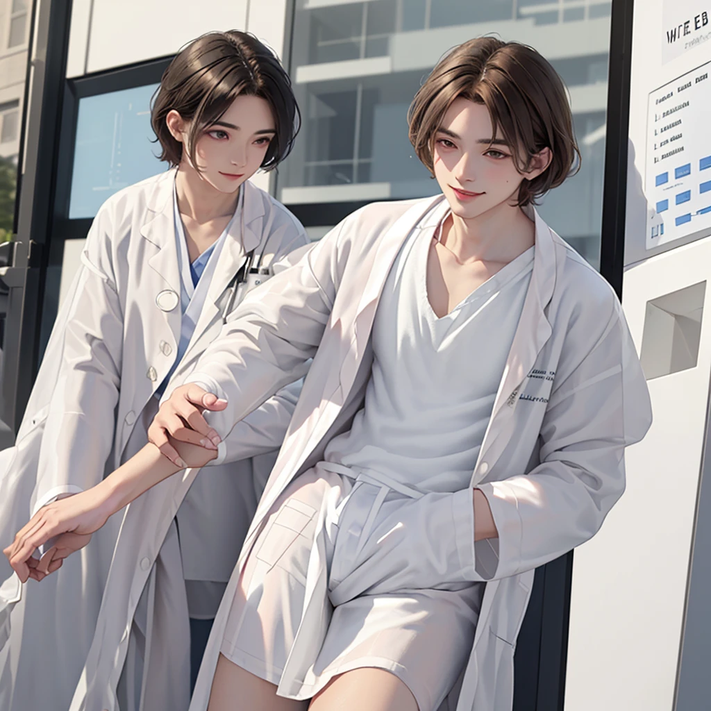 Doctor, 1 man, solo, sitting (Looking at the audience), (white lab coat:1.8), ,Stylish clothes who is an adult /(brown hair/) smile kindly (The best quality masterpiece:1.2) , Delicate illustrations, Special details, ( In front of the hospital