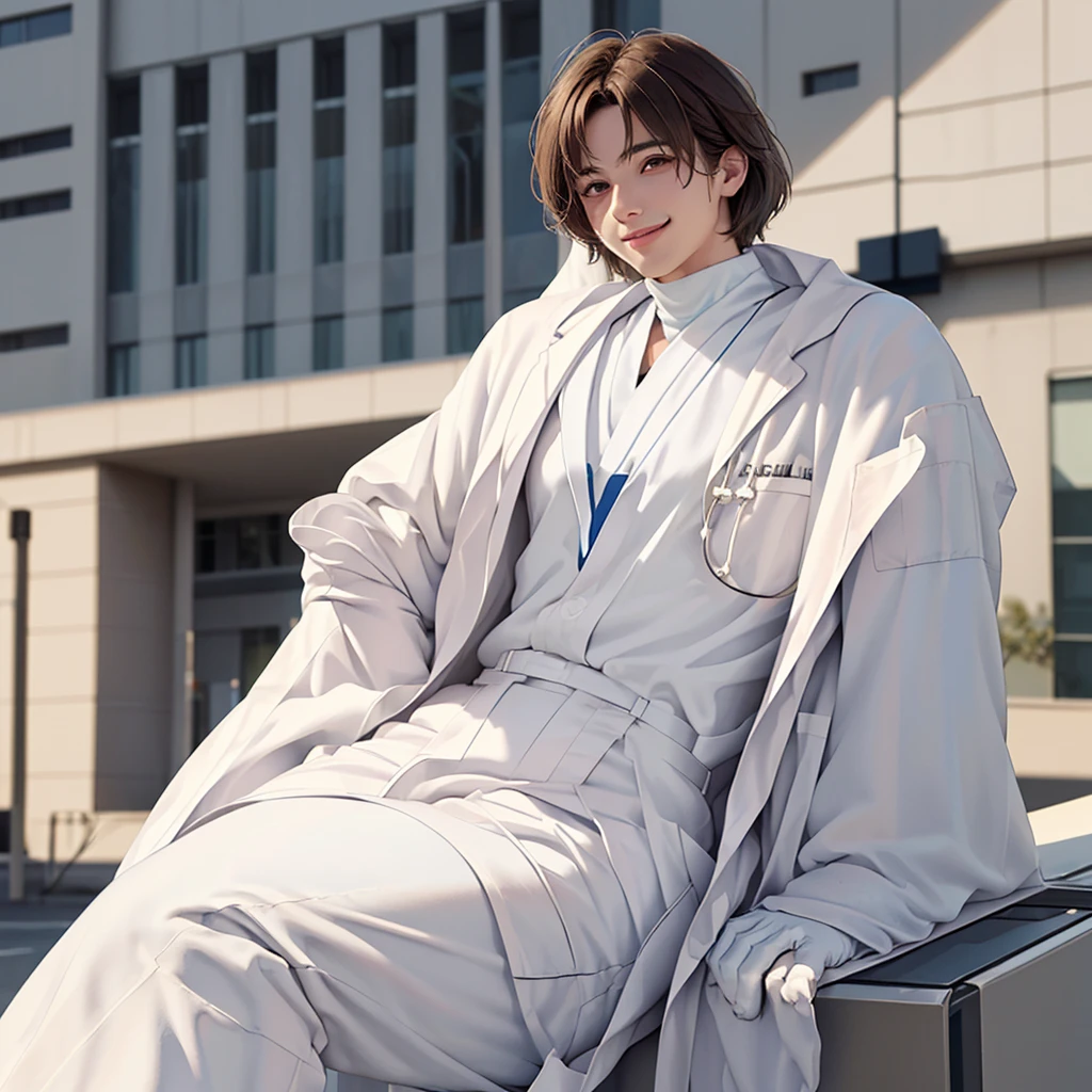 Doctor, 1 man, solo, sitting (Looking at the audience), (white lab coat:1.8), ,Stylish clothes who is an adult /(brown hair/) smile kindly (The best quality masterpiece:1.2) , Delicate illustrations, Special details, ( In front of the hospital