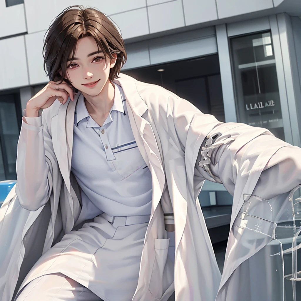 Doctor, 1 man, solo, sitting (Looking at the audience), (white lab coat:1.8), ,Stylish clothes who is an adult /(brown hair/) smile kindly (The best quality masterpiece:1.2) , Delicate illustrations, Special details, ( In front of the hospital