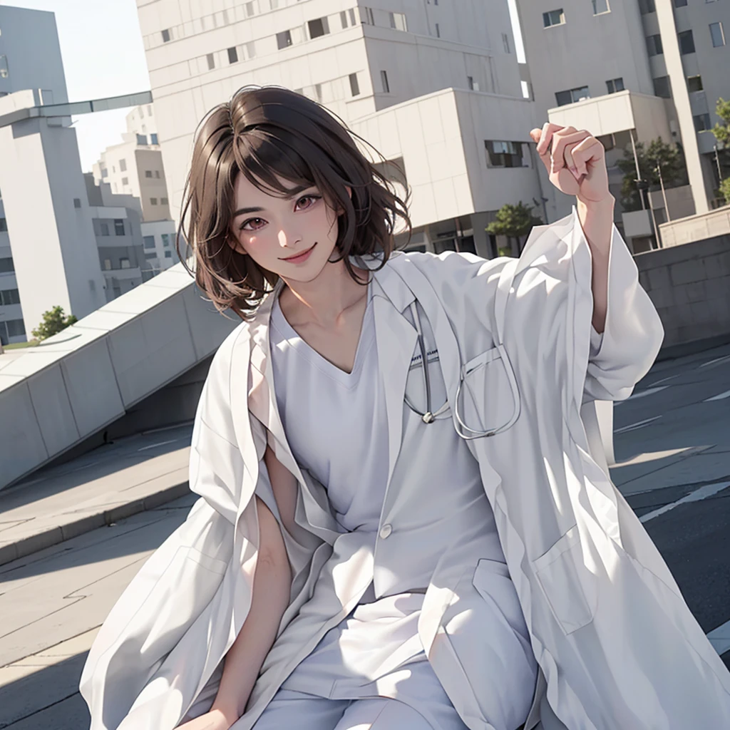 Doctor, 1 man, solo, sitting (Looking at the audience), (white lab coat:1.8), ,Stylish clothes who is an adult /(brown hair/) smile kindly (The best quality masterpiece:1.2) , Delicate illustrations, Special details, ( In front of the hospital
