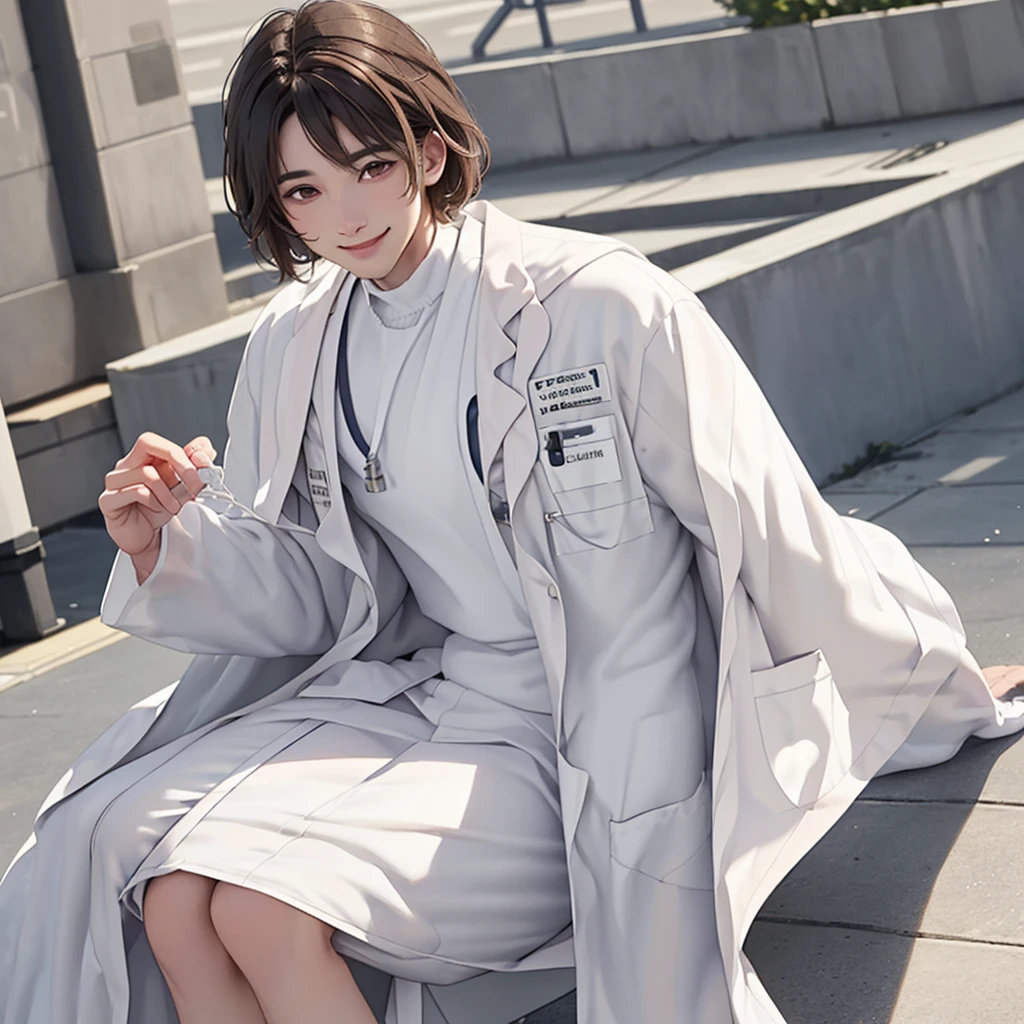Doctor, 1 man, solo, sitting (Looking at the audience), (white lab coat:1.8), ,Stylish clothes who is an adult /(brown hair/) smile kindly (The best quality masterpiece:1.2) , Delicate illustrations, Special details, ( In front of the hospital