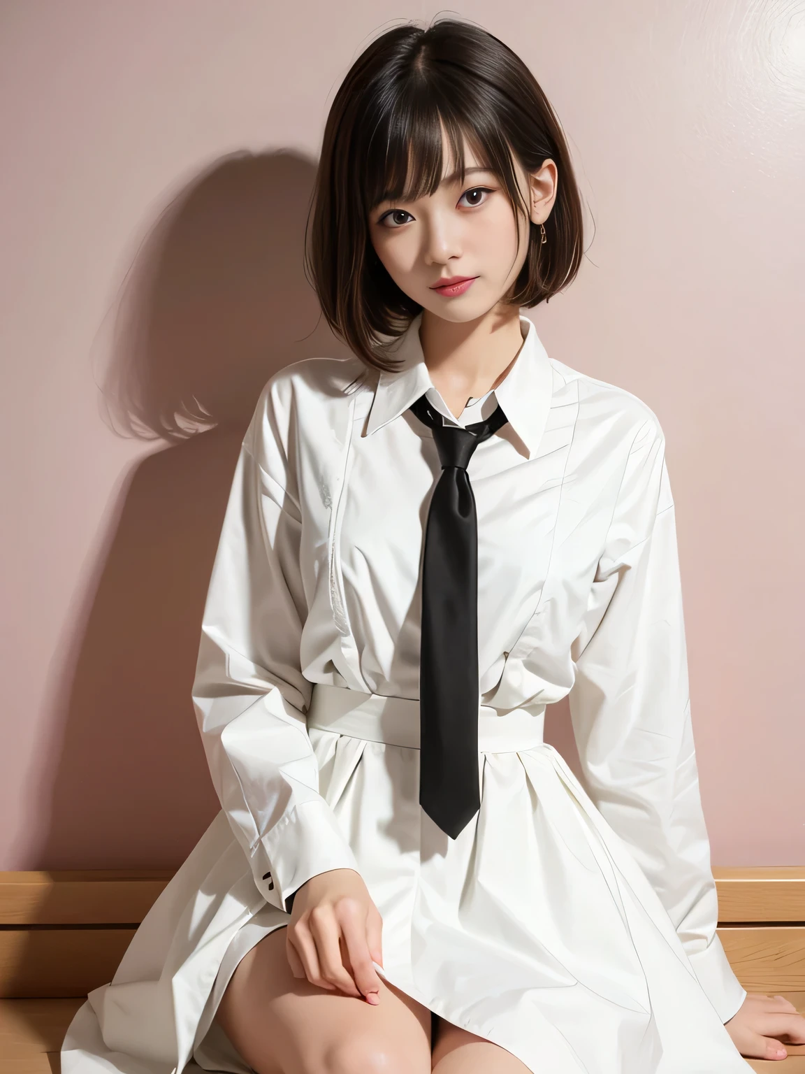 Highest quality、Figures、Two cute girls、sexly、Slender、Red tie、Open front dress shirt、Green exy very detailed、Fine details、Slim Body、Slender、Japanese Girls、High resolution、8k、wallpaper、Perfect dynamic composition、Beautiful fine details、Short Bob Hair、Big natural color lip、大胆なsexlyポーズ、smile、Cold Stare、18 year old girl、Cute、ta、Good eyesight、whole body、Pink Wall、smile、