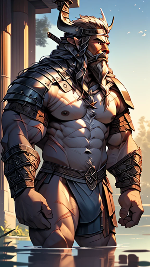 (masterpiece),(highres),(intricate details:1.4),extremely detailed,(illustration:1.2),8k,photorealistic,exquisite,(daddy:1.5),aged,elder male wolf,muscular,(Viking warrior:1.7),(brave and powerful:1.5),manhood,warrior,long hair,long beard,(numerous scars),(bulging crotch:1.8),(homosexual:1.5),(a serene face:1.9)(naked body:1.6)