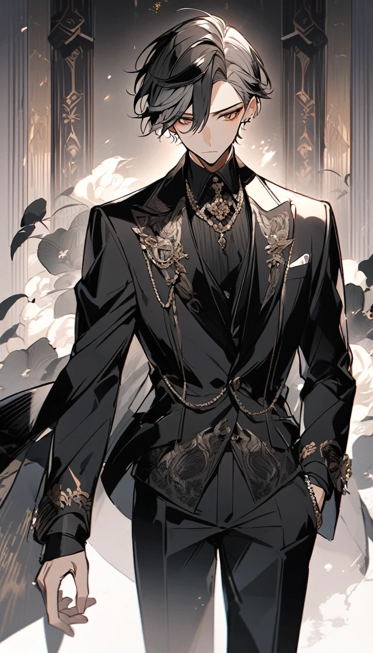 elegant, Alone, 1 male, short hair, black hair with smoky gray hair tips, Brown eyes, black shirt, black and white suit