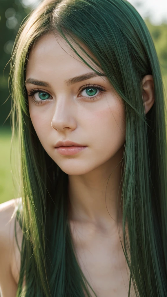 a girl. face sent feeling. Europe. Oval face. long face. delicate facial features. gentle eyes. seductively seductive. green eyes. long straight hair. green hair. expression is very sad. shy. straight face. outdoor