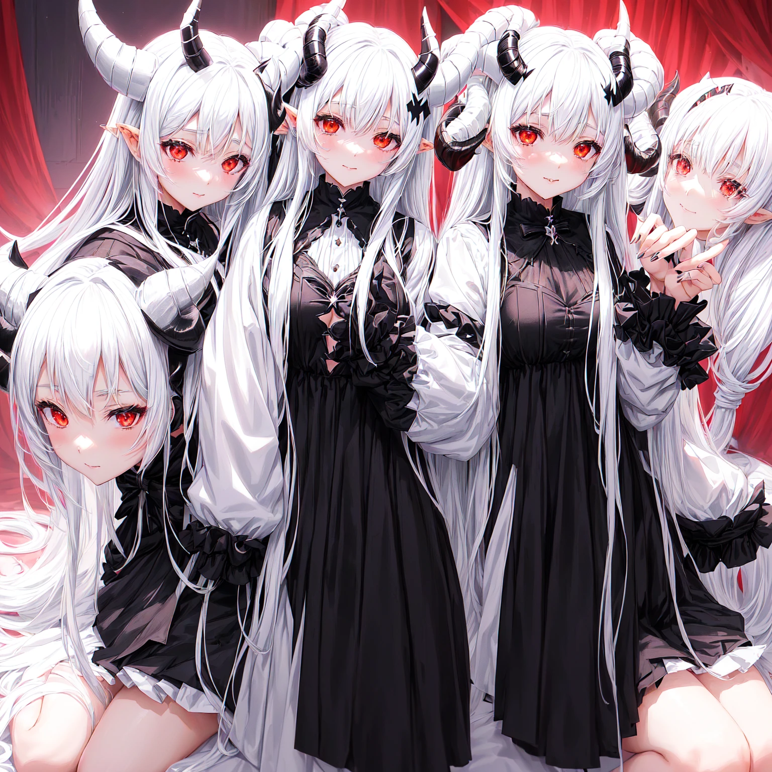 2 demon girls kissing, demon horns, hugging each other on bed, groping chest, blushed face, black shirt, white skirt, beautiful eyes finely detailed, big breast, (red and white hair color, multi colored hair), romantic, pixiv, anime girls, seductive smile while unbutton her shirt, licking her own lips, (beautiful detailed eyes:1.6), extremely detailed face, perfect lighting, extremely detailed CG, (perfect hands, perfect anatomy).