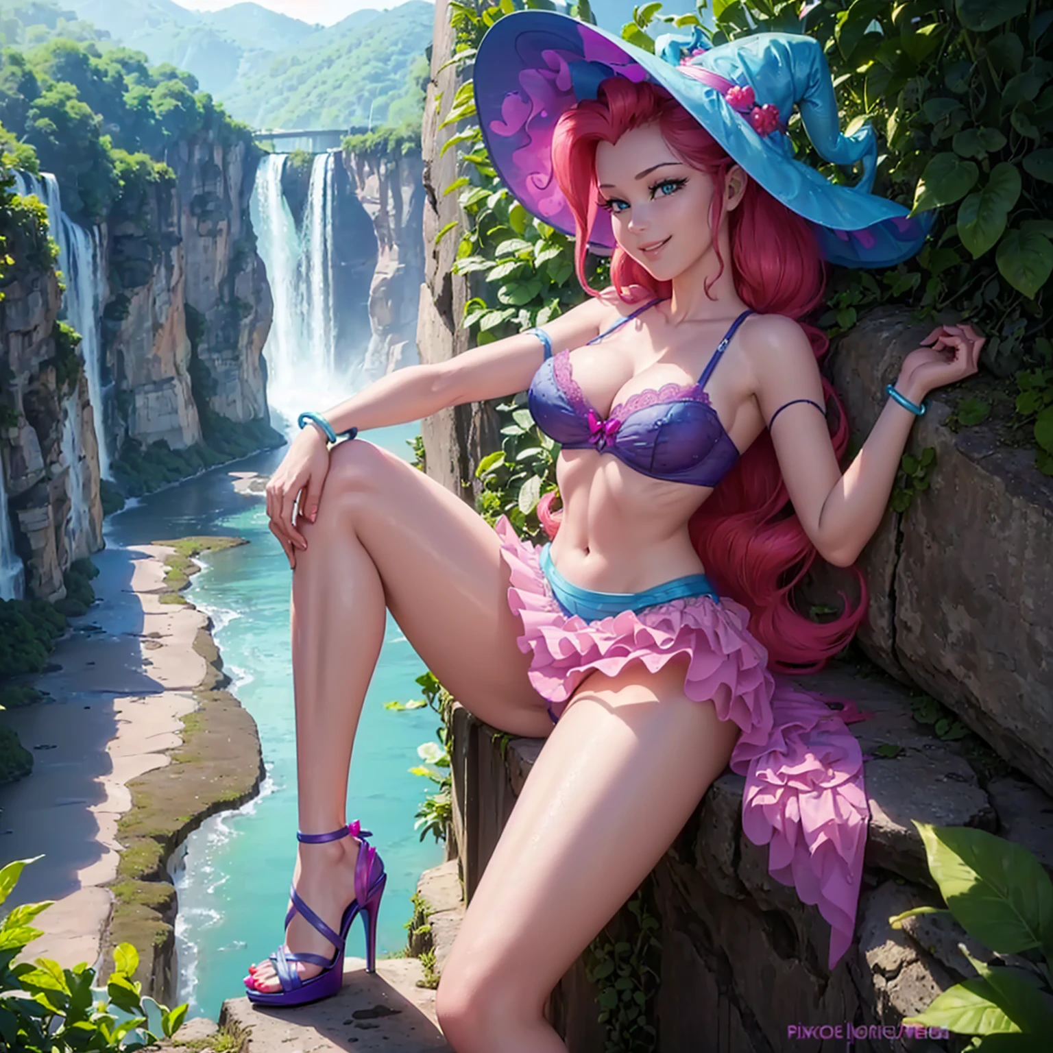 (((beautiful female body))),(((fluttershy as a sweet charming hot seductive horny model))), (((very long pink hair))) (((pink brows))),(((green eyes))),(((sit socket wet under waterfall crossed legs)))), (((outdoor))),(((blue berry jungle with a river in background))),(((lewd and erotic posing))), (((happy wicked smile))) ,(((nude and naked ))) , (((((upskirt view))))) , (((witch hat))),breasts are visible , (((wear high heels))) , (((full body))),golden bracelets , (((perfect breasts))) , lush breasts , Bulky Breasts , voluminous breasts ,(((smiling peeping the viewer))),(((bare belly))),(((bare legs))),(((side close view)))