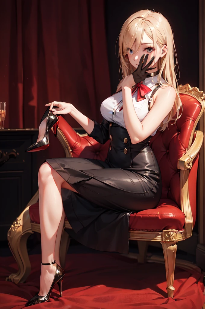 European Woman Portrait,alone,20-year-old,Beautiful Face,Upper Body,Hair on one eye,Medium Sidecut, Blonde, Sharp focus,Black and red uniform,Tight Skirt,(High heels:1.5),Highest quality,masterpiece,masterpiece、German