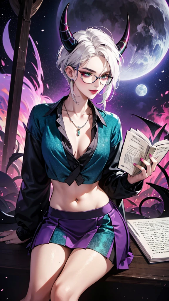 8k, masterpiece, best quality, highly detailed, 1 girl, tiefling, warlock, multicolored hair, very short straight hair green highlight hair on white hair, strippled hair, wearing glasses, round glasses, earrings, navel piercing, miniskirt, red eyeshadow, long eyelashes, blushed cheek, red lips, necklace, rings, collarbone, mole, glamorous, teal clothing, purple clothes, smirk, close up view, rings, looking at viewer, demon horns, solo, nightmarish landscape, blue pale moon, sitting, cosmic horror, decaying, holding devil books