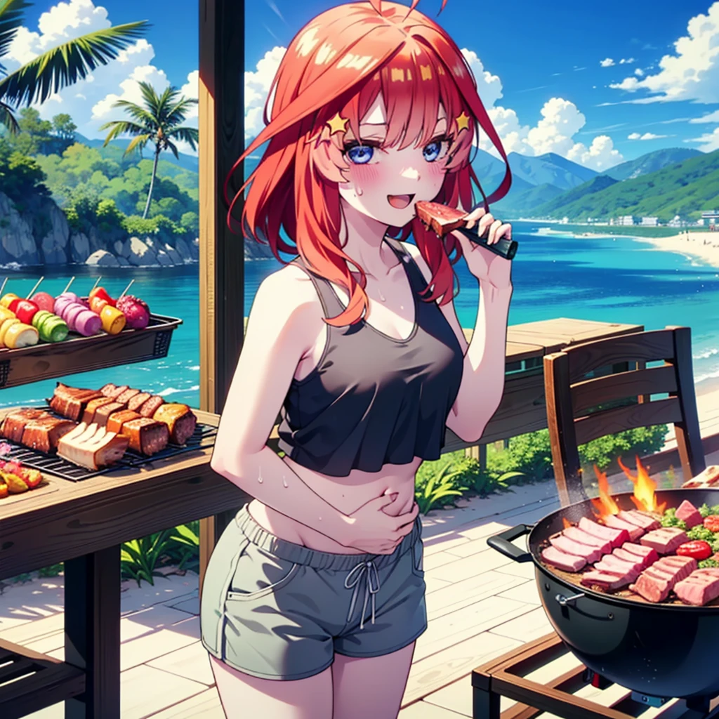 itsukinakano, Itsuki Nakano, bangs, blue eyes, Hair between the eyes, Ahoge, Redhead, star \(symbol\), hair ornaments, star hair ornaments,Baseball hats,happy smile, smile, Open your mouth,Red Tank Top,Belly button,Shorts,barefoot,Sweat,Beach,barbecue,cooking,Grilled meat,barbecue,Grilling meat,eating meat,Grilled meat,Palm tree,True Summer,Daytime,Clear skies,
break indoors, Beach,Sandy Beach,
break looking at viewer, (Cowboy Shot:1.5),
break (masterpiece:1.2), Highest quality, High resolution, unity 8k wallpaper, (figure:0.8), (Beautiful attention to detail:1.6), Highly detailed face, Perfect lighting, Highly detailed CG, (Perfect hands, Perfect Anatomy),