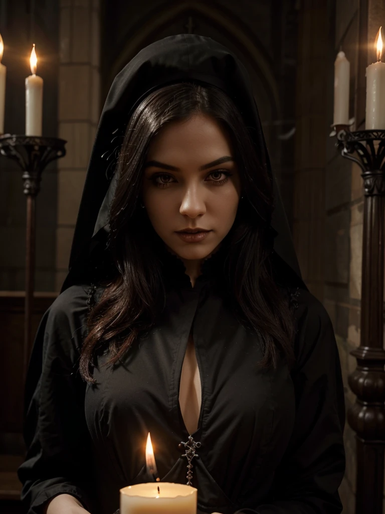 Beautiful gothic vampire, beautiful face. with sexy tunic. detail. convent. Candles everywhere. chandeliers. Cathedral glass windows. Dim candle lighting. Gothic style. 1:1 hyperrealistic, cinematic, 4k 8k