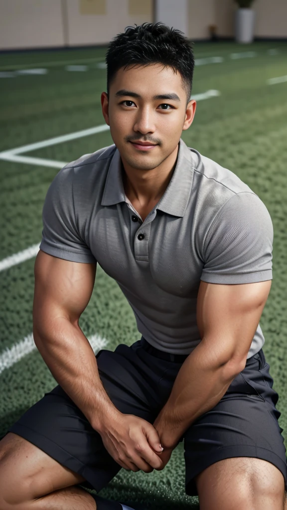 Masterpiece, best quality, high resolution, realistic, handsome, Take beautiful photos, A photo of a 35-year-old Gym Association member sitting on the floor. (The man has a thin mustache.) ,Full body, Portrait, standing on the football field, make military media, weight, Amazing , Buzzcut short hair,stubble head , (Hyper Muscle),looking at the audience, Flirt with the camera, charming, (Tight gray polo shirt Cargo pants ),(GS-Male:1), 8k,Bokeh,Portrait,look at the viewer, smile 