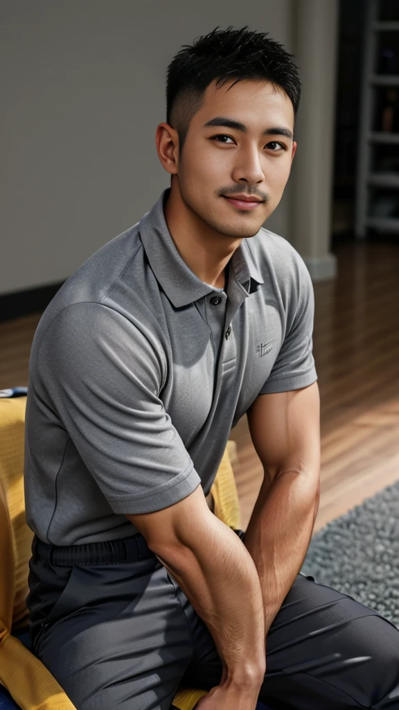 Masterpiece, best quality, high resolution, realistic, handsome, Take beautiful photos, A photo of a 35-year-old Gym Association member sitting on the floor. (The man has a thin mustache.) ,Full body, Portrait, standing on the football field, make military media, weight, Amazing , Buzzcut short hair,stubble head , (Hyper Muscle),looking at the audience, Flirt with the camera, charming, (Tight gray polo shirt Cargo pants ),(GS-Male:1), 8k,Bokeh,Portrait,look at the viewer, smile 