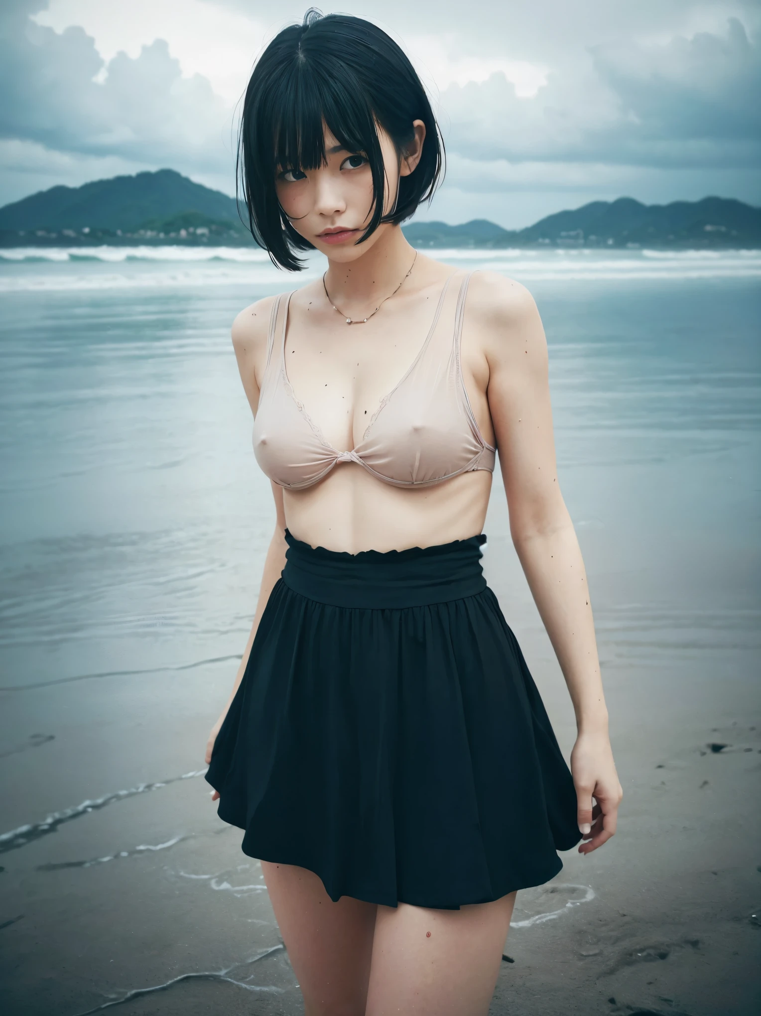 （（（In 8K. ＨＤＲ.Hyperrealism、Masterpiece 1.4、wlop1.4、Cinematic、Detailed content、Very detailed、Ultra-realistic in every detail、Live Photo 1.4, Best quality 1.4、 Very detailed 1.4、Very detailed、Perfect Shading、Low angle full body shot 1.2、1 photo、Commercial Photography 1.4、50mm 、Film Grain）））、（（（camisole、Frilled Skirt、Sandals）））、（（（Short Bob、Bob Hair、Black Hair、bangs）））、（（（cloudy sky、Rain Clouds、cloudy、Dim coast）））、（（（（Sweaty body、Plump body）））、（Japanese women, 20-year-old）、（（（Five-finger body image 1.3）））、（Small breasts 1.2）、（Standing 1.2）、（Perfect Anatomy、 Skin with visible pores、 Sweaty skin, Realistic and dense skin、Realistic face with freckles、Very beautiful and beautiful face、Beautiful and well-proportioned face、Very cute face）