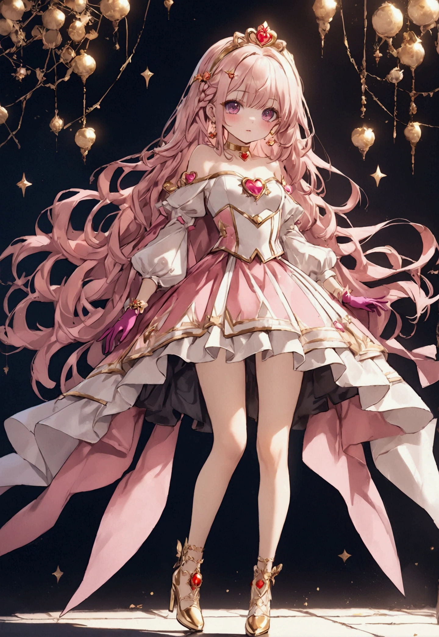 Create an anime-style girl with (((deep magenta eyes and long, wavy pink hair))) ((styled in an elegant frenchbraid)). (((She is slender, and with small breasts))). ((Ensure a full-body shot of her)) wearing a (((magical girl-themed outfit.))) ((The outfit features a fitted bodice with a sweetheart neckline, gold embroidery, and pastel pink accents. The bodice has delicate rose gold spider web patterns. She wears a multi-layered knee-length skirt with a high-low hemline, the outermost layer sheer with gold and rose gold spider web patterns. She has off-the-shoulder puff sleeves, arm-length pastel pink gloves with gold trim, and a gold choker with a red gemstone. The outfit includes a short, detachable sheer cape with rose gold spider web patterns and is fastened with gold brooches. She wears pastel pink ankle boots with gold heels and rose gold laces. Accessories include a gold tiara with a red gemstone and gold spider-shaped hairpins.)) The overall look is regal and ethereal, with magical glowing effects. cutesexy, purinpuon pixiv, no future, a hyperrealistic , hyperrealistic , realistic , seductive (anime girl), smooth anime cg art, beautiful alluring anime teen, (purinpuon pixiv), ((magical girl)), (masterpiece), best quality, expressive eyes, perfect face ((Highest quality))、((8K))、(((8k wallpaper))) ((Full Body Shot: 1.5))、ultra detailed, masterpiece, best quality, solo ((purinpuon pixiv, no future)) (((purinpuon pixiv, no future)))