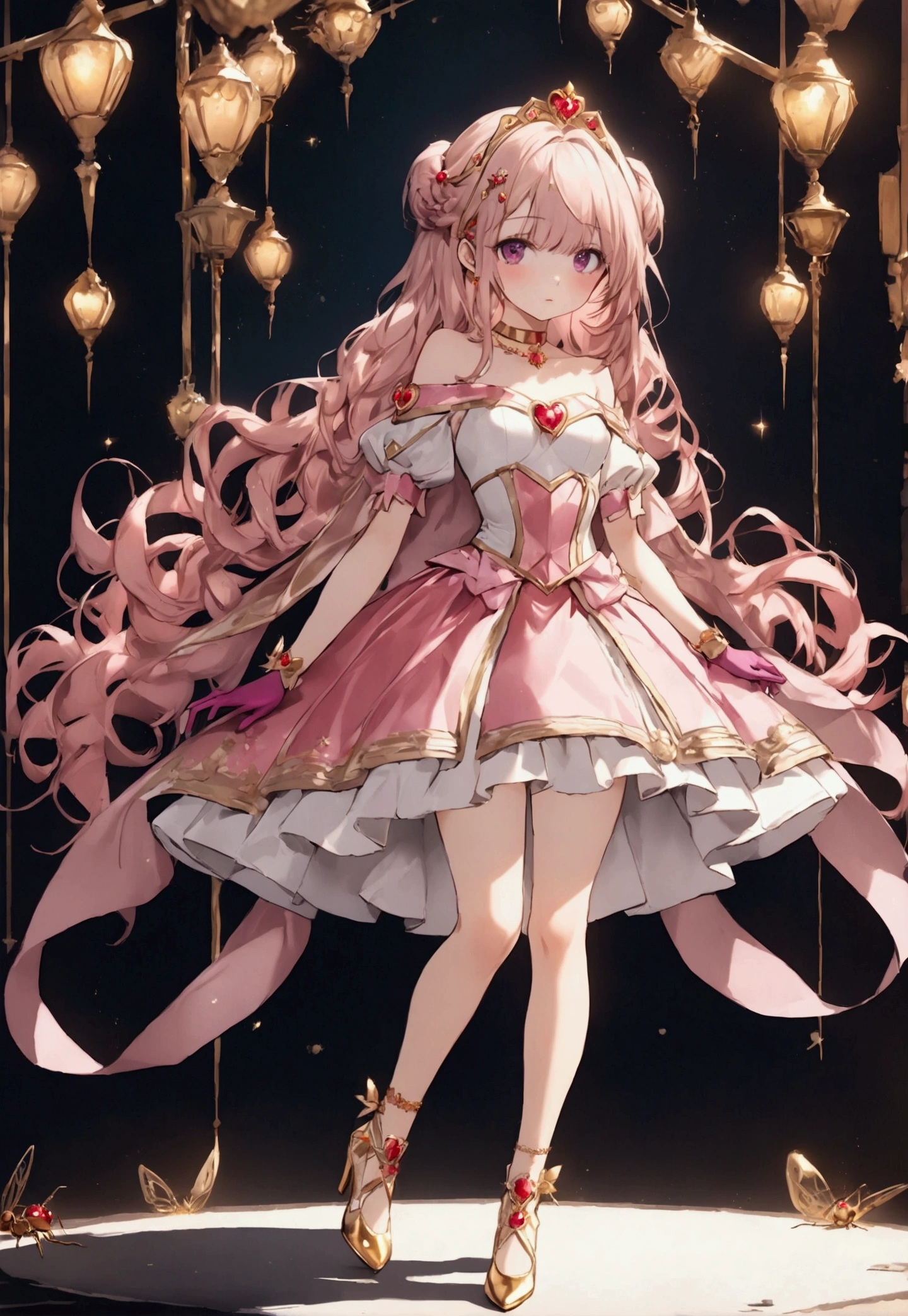 Create an anime-style girl with (((deep magenta eyes and long, wavy pink hair))) ((styled in an elegant frenchbraid)). (((She is slender, and with small breasts))). ((Ensure a full-body shot of her)) wearing a (((magical girl-themed outfit.))) ((The outfit features a fitted bodice with a sweetheart neckline, gold embroidery, and pastel pink accents. The bodice has delicate rose gold spider web patterns. She wears a multi-layered knee-length skirt with a high-low hemline, the outermost layer sheer with gold and rose gold spider web patterns. She has off-the-shoulder puff sleeves, arm-length pastel pink gloves with gold trim, and a gold choker with a red gemstone. The outfit includes a short, detachable sheer cape with rose gold spider web patterns and is fastened with gold brooches. She wears pastel pink ankle boots with gold heels and rose gold laces. Accessories include a gold tiara with a red gemstone and gold spider-shaped hairpins.)) The overall look is regal and ethereal, with magical glowing effects. cutesexy, purinpuon pixiv, no future, a hyperrealistic , hyperrealistic , realistic , seductive (anime girl), smooth anime cg art, beautiful alluring anime , (purinpuon pixiv), ((magical girl)), (masterpiece), best quality, expressive eyes, perfect face ((Highest quality))、((8K))、(((8k wallpaper))) ((Full Body Shot: 1.5))、ultra detailed, masterpiece, best quality, solo ((purinpuon pixiv, no future)) (((purinpuon pixiv, no future)))