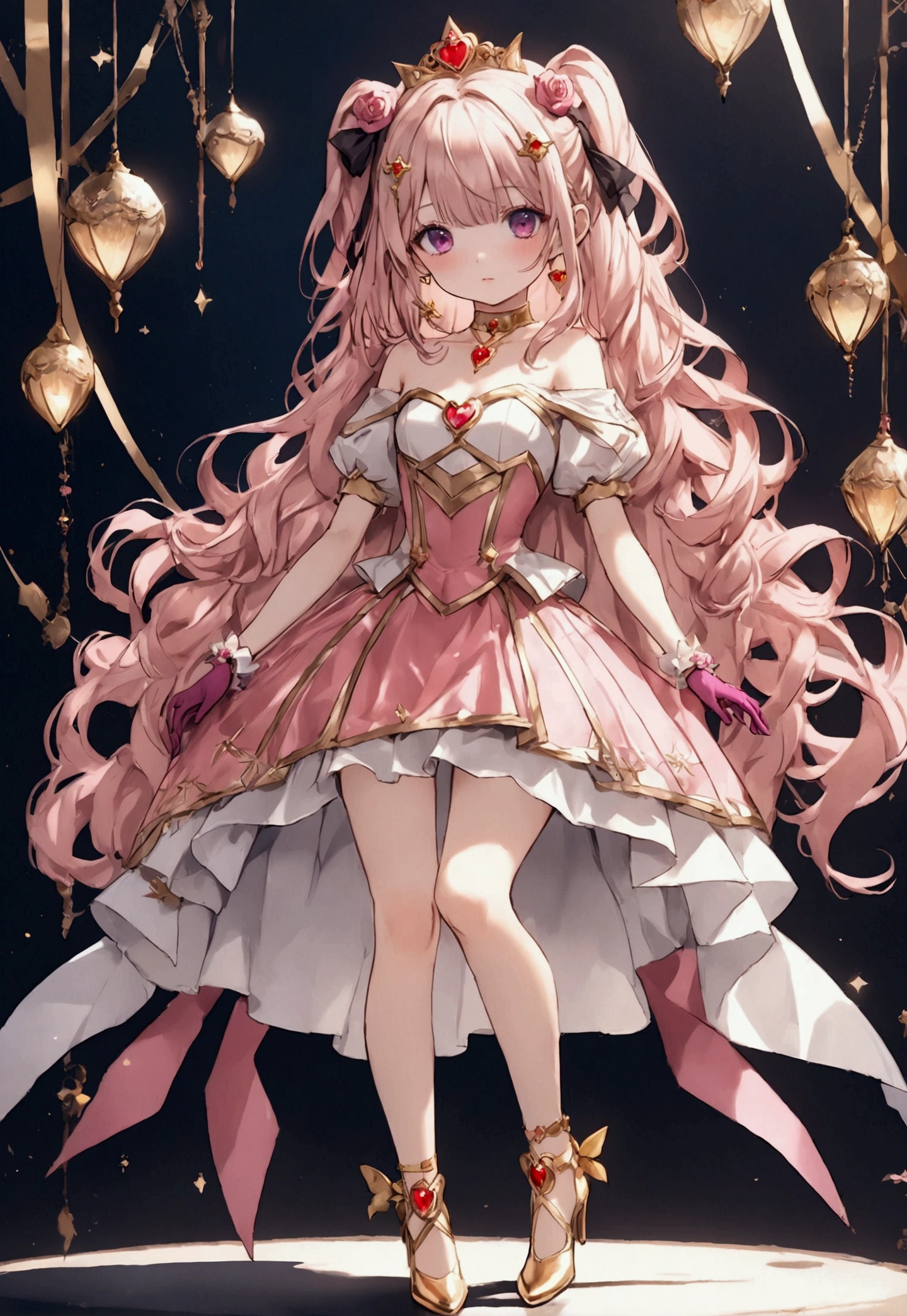 Create an anime-style girl with (((deep magenta eyes and long, wavy pink hair))) ((styled in an elegant frenchbraid)). (((She is slender, and with small breasts))). ((Ensure a full-body shot of her)) wearing a (((magical girl-themed outfit.))) ((The outfit features a fitted bodice with a sweetheart neckline, gold embroidery, and pastel pink accents. The bodice has delicate rose gold spider web patterns. She wears a multi-layered knee-length skirt with a high-low hemline, the outermost layer sheer with gold and rose gold spider web patterns. She has off-the-shoulder puff sleeves, arm-length pastel pink gloves with gold trim, and a gold choker with a red gemstone. The outfit includes a short, detachable sheer cape with rose gold spider web patterns and is fastened with gold brooches. She wears pastel pink ankle boots with gold heels and rose gold laces. Accessories include a gold tiara with a red gemstone and gold spider-shaped hairpins.)) The overall look is regal and ethereal, with magical glowing effects. cutesexy, purinpuon pixiv, no future, a hyperrealistic , hyperrealistic , realistic , seductive (anime girl), smooth anime cg art, beautiful alluring anime teen, (purinpuon pixiv), ((magical girl)), (masterpiece), best quality, expressive eyes, perfect face ((Highest quality))、((8K))、(((8k wallpaper))) ((Full Body Shot: 1.5))、ultra detailed, masterpiece, best quality, solo ((purinpuon pixiv, no future)) (((purinpuon pixiv, no future)))