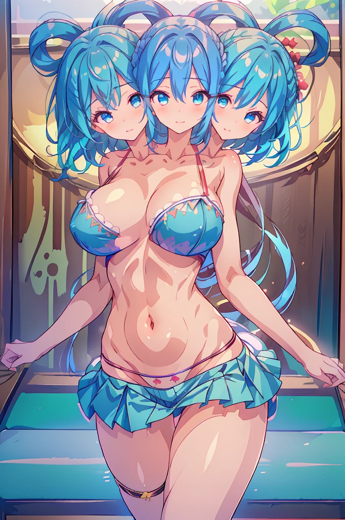 (masterpiece, best quality), best quality, best resolution, (ultra-detailed), ((3heads:1.5)), 1girl, (seiga kaku:1.3), masterpiece, best quality, ultra quality, ultra resolution, ultra detail, teal top, crop top, ((stomach)), midriff, ((groin)), open belly, teal skirt, miniskirt, normal ears, shackles, blue hair, blue eyes, detailed eyes, (masterpiece:1.5), (best quality:1.5), (beautiful detailed), extremely detailed CG, extremely delicate and beautiful, depth of field, (finely detailed face), (perfect details:1.3), (mature female:1.3), wide pelvis, sexy pose, hands on hips, hands on own chest, slender, large veiny breast, 16k resolution, highres, high quality, high definition, extremely detailed, masterpiece, blue hair, long hair, alluring presence, braid, short skirt, close up, very big tits, huge tits, young, smiling, Flying Xian Hair Style, girl with three heads, three headed girl,