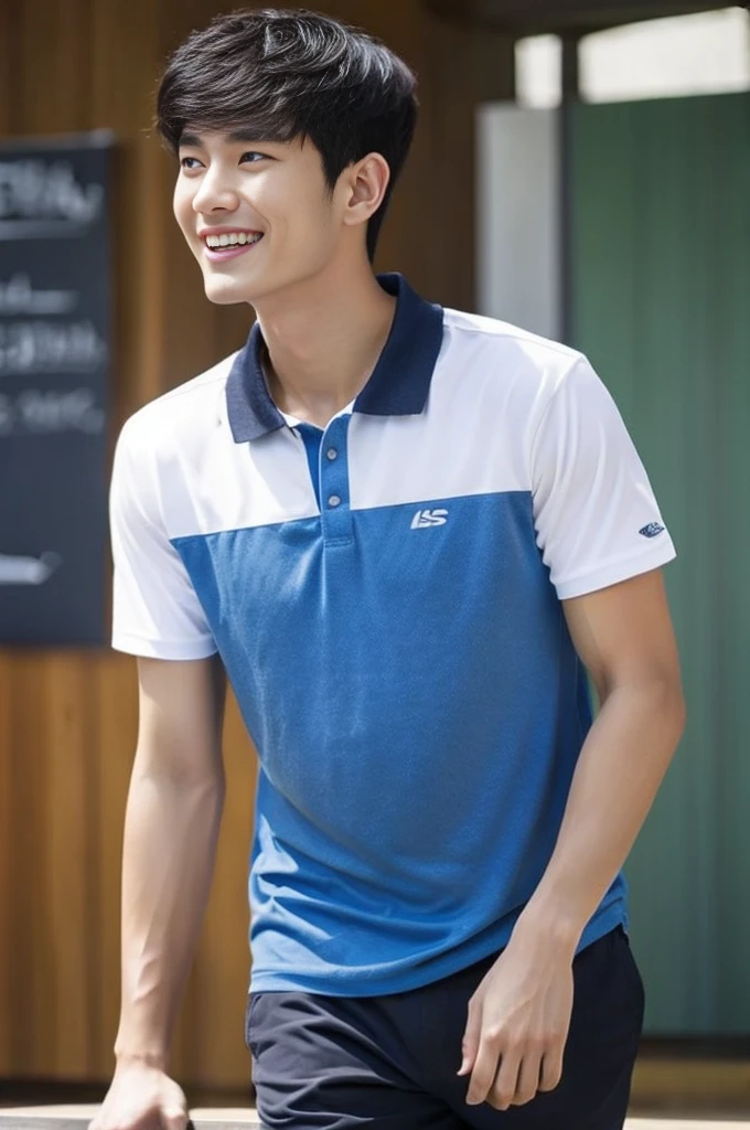 Korean man, Inspiration from Peng Yuyan, 23 years old, Korean muscular man ,The computer room is in the back. Sports t-shirts, polo, tight, navy blue., open mouth smile