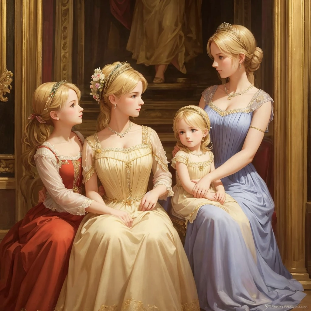 The blond beauty is wearing a dress. She is 18 years old and has a good figure in classical art. Two beauties, mother and daughter, are together.