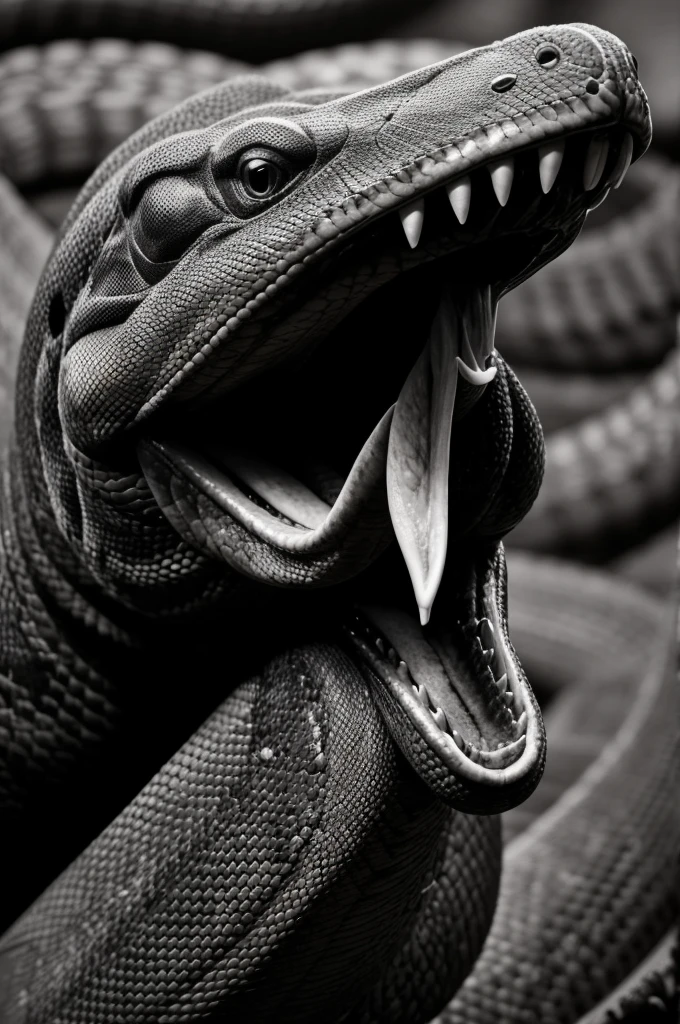 Give me the black and white logo of an intimidating anaconda standing with its mouth open and tongue stuck out