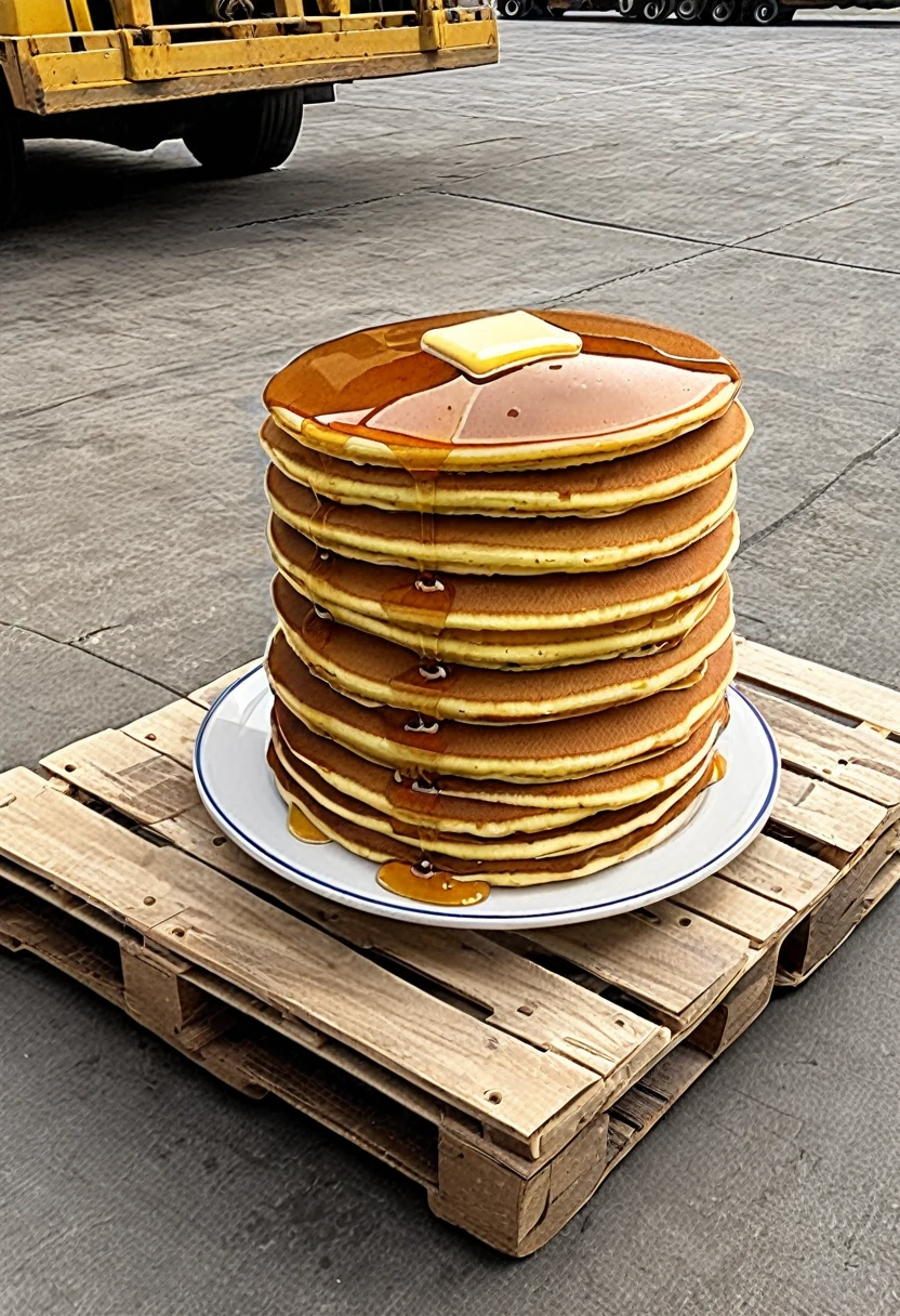 a forklift carrying the pallet of pancakes