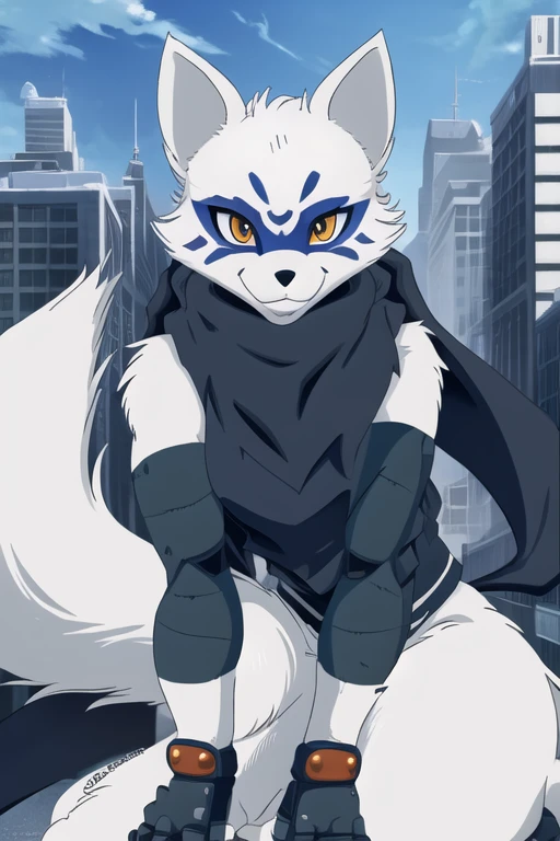 Alopex, arctic fox, furry character, blue marks face, tmnt, smile, orange eyes, girl1, solo, city, fox tail, black scarf, black bandage arms and legs, ninja shirt, ninja short, Fox Ears, Anime style, Masterpiece, Best Quality,